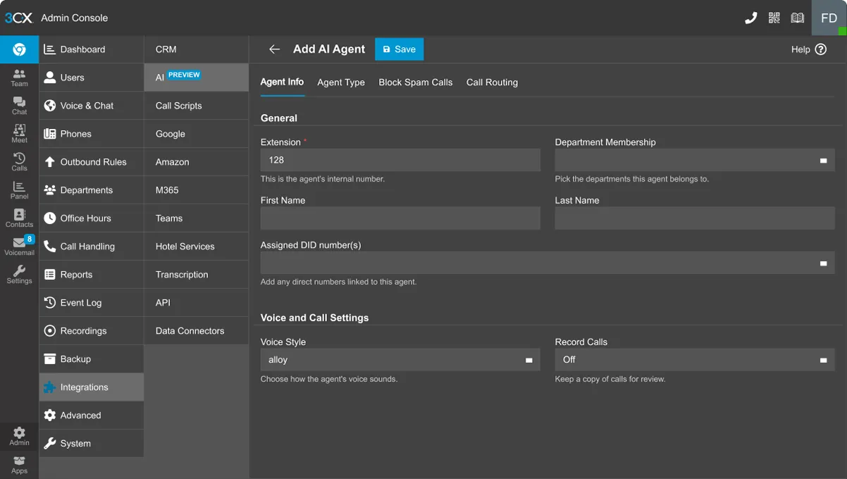 Pantalla "Add AI Agent" del Admin Console de 3CX para crear un recepcionista