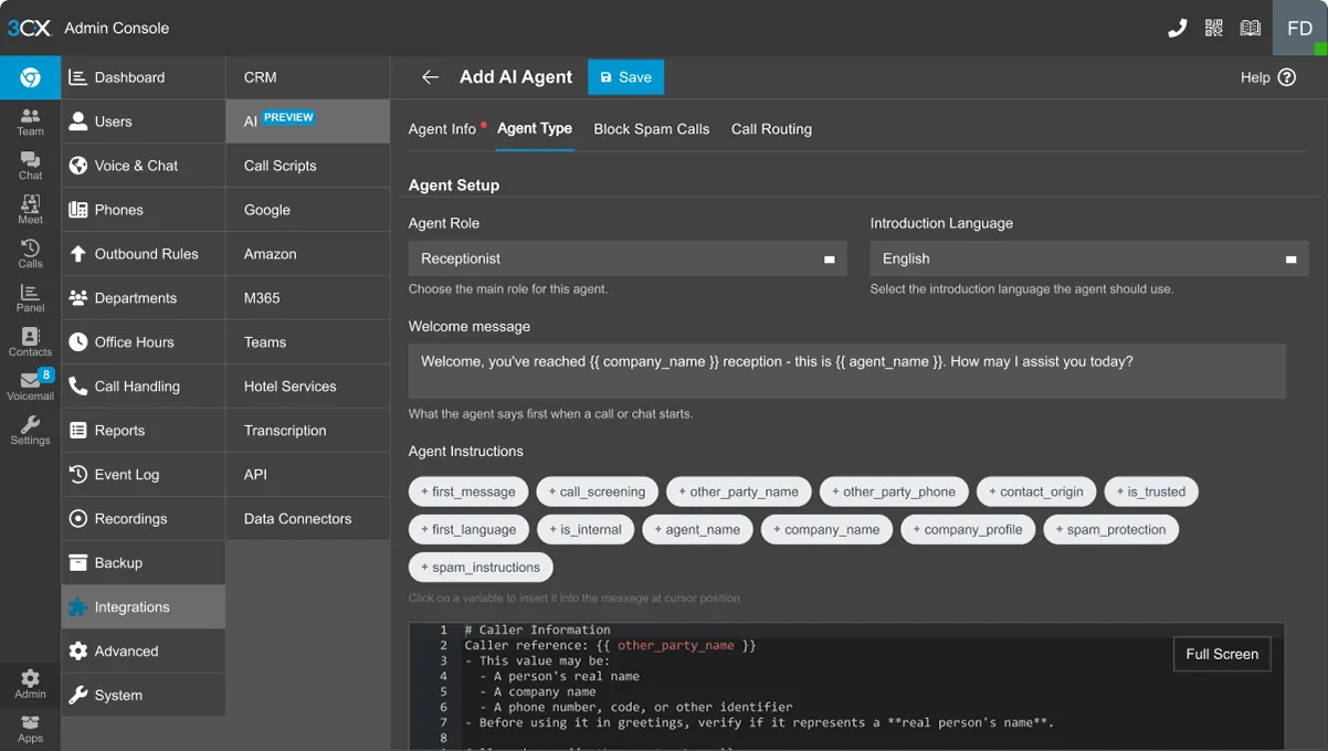 Selector de tipo de AI Agent en el Admin Console de 3CX