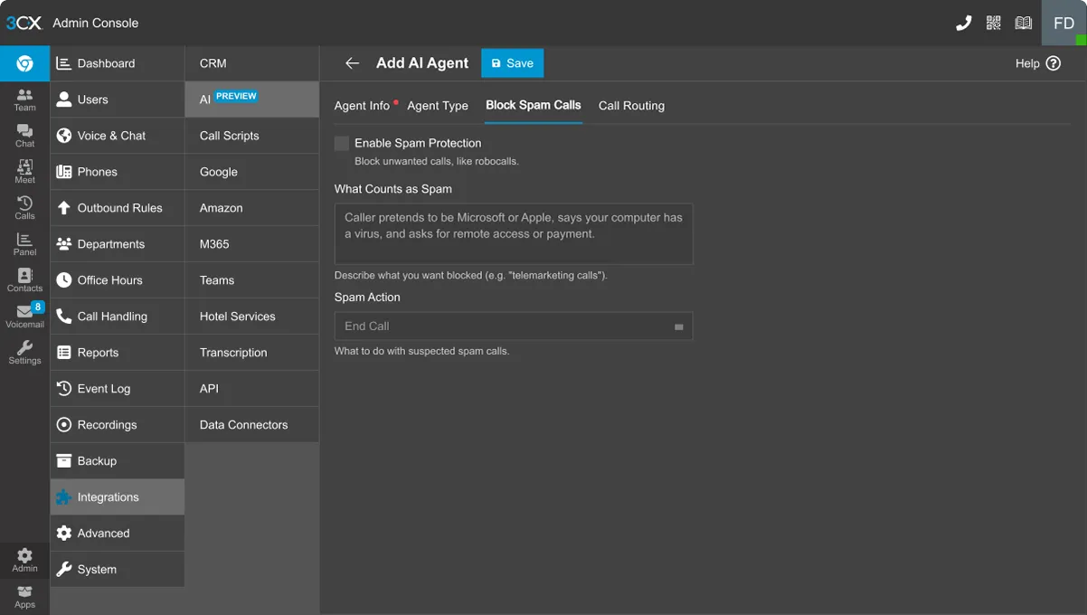 Configuración del filtro anti-spam para el AI Receptionist en 3CX